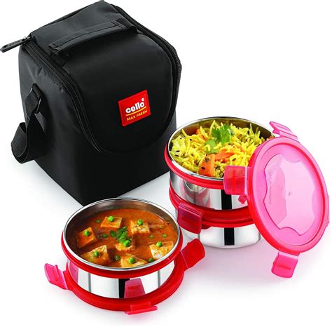 cello max fresh click steel lunch box|Cello Max Fresh Stainless Steel Lunch Box Set 475ml Set of 3 Red.